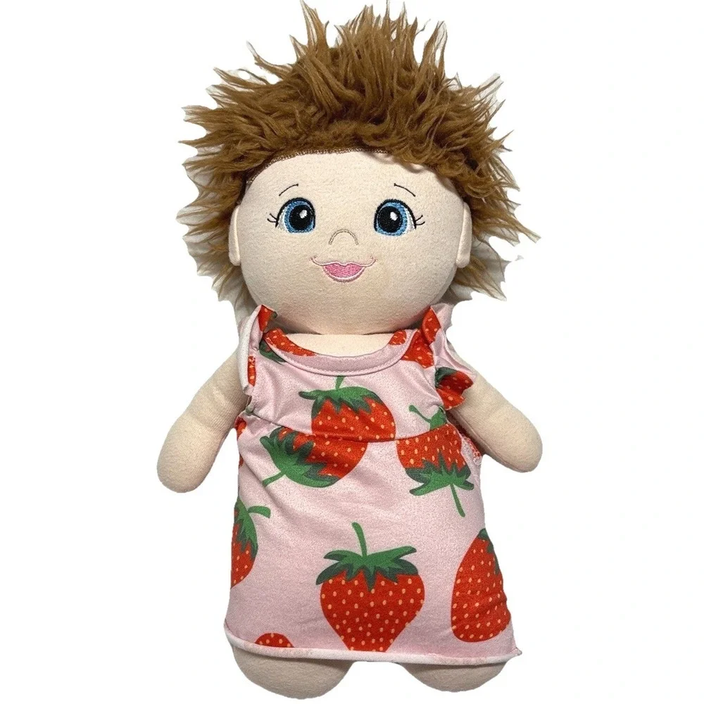 Plush Baby Doll with Brown Shaggy Hair and Strawberry Print Dress Blue Eyes Soft
